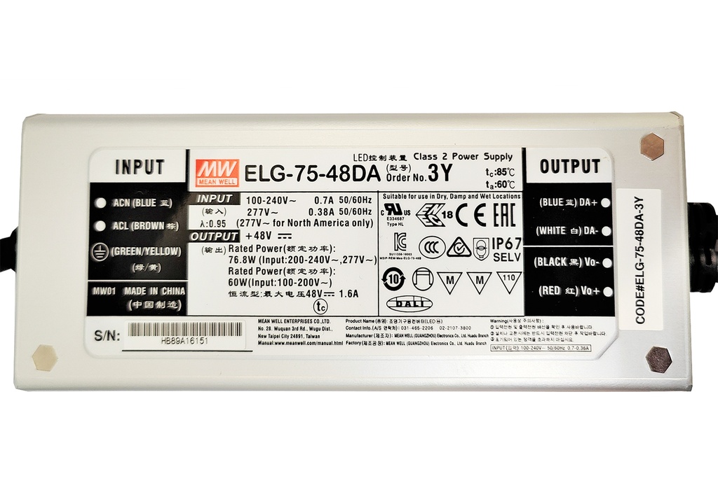 ELG-75-48DA-3Y Fuente de Alimentación LED 76.8W 48V 1.6A